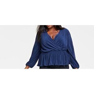 On 34th Plus Size Plisse Surplice-Neck Peplum Top Plus 2X Blue NWT